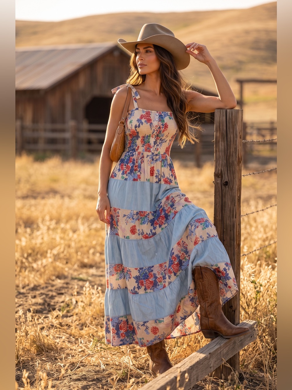 36 Point 5 Blue and Cream Floral Tiered Maxi Dress